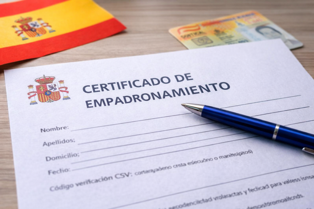 Certificado de empadronamiento oficial en España con bolígrafo sobre el documento