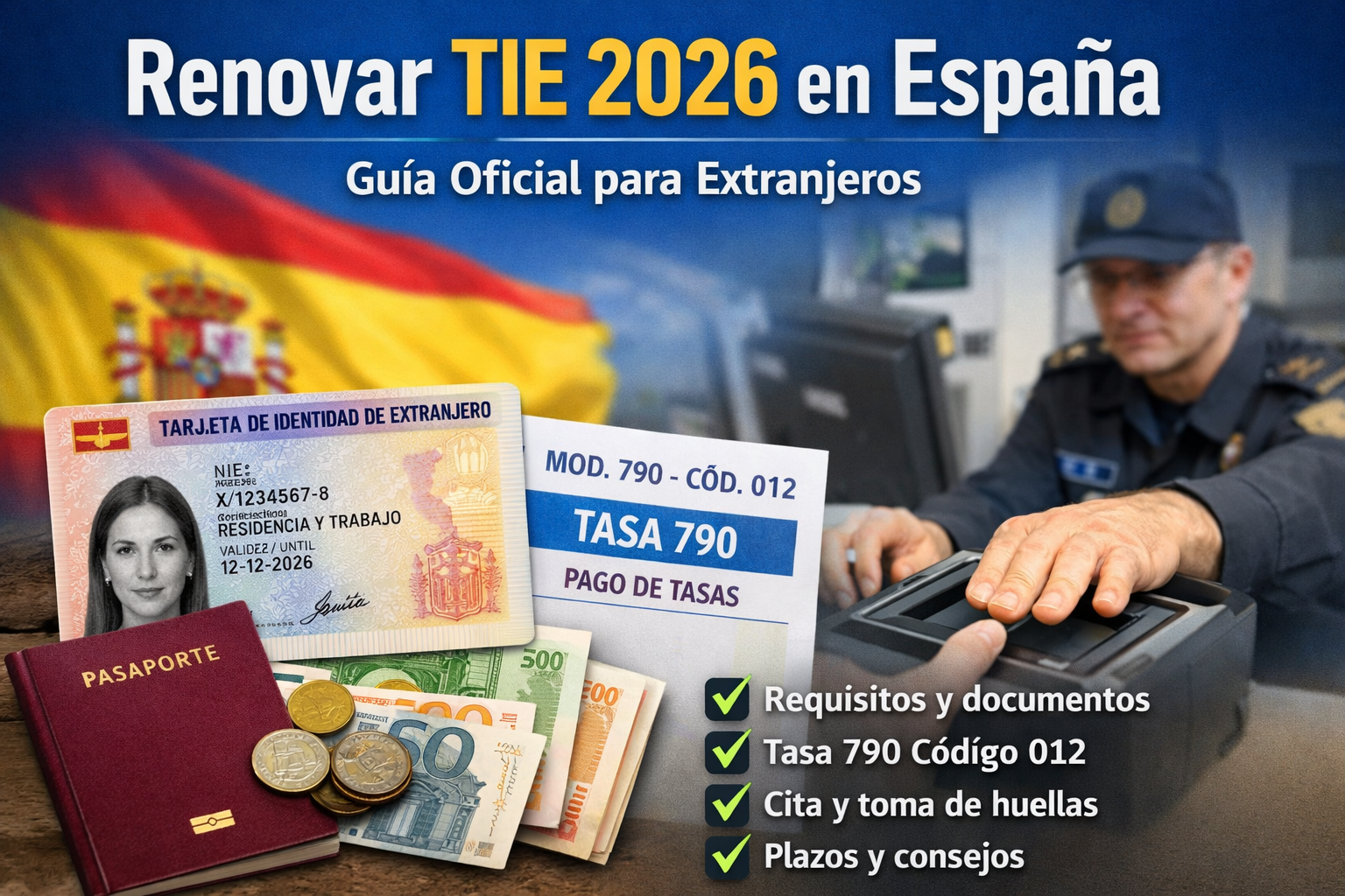 Renovar TIE 2026 en España con tarjeta de identidad de extranjero, tasa 790 código 012 y toma de huellas en comisaría